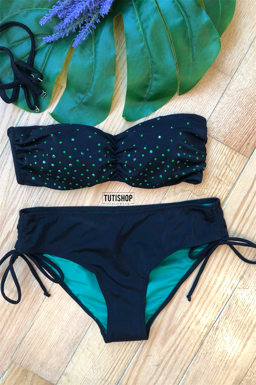 Pierre Cardin Soft Straplez Toparlayıcı Siyah-Yeşil Taşlı Bikini Takım 227269